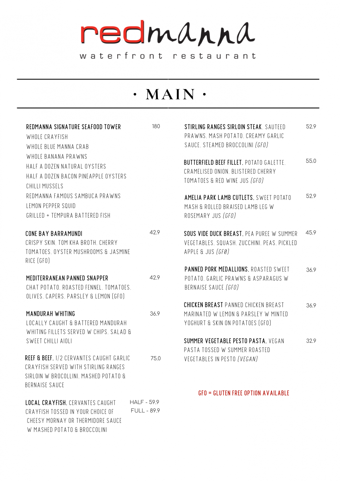 Our Main Menu - Redmanna Waterfront Restaurant Mandurah